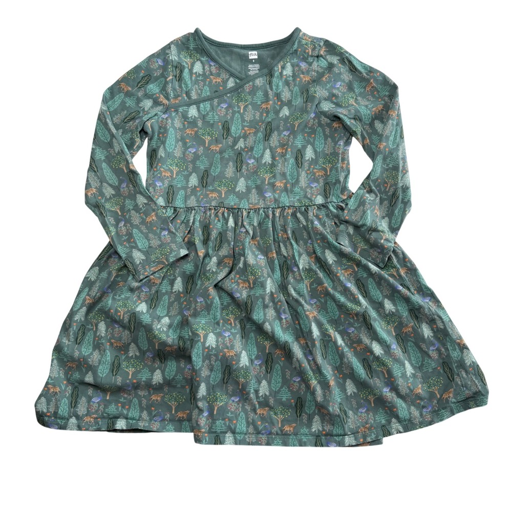 TEA COLLECTION Dress Green Animal Forest Woodland Print Kids Size 8 School Play